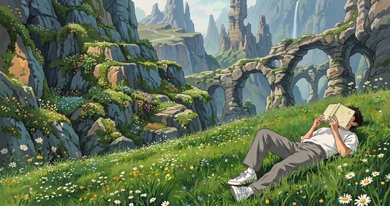 Sunday App Hero Illustration - Reader relaxing in a lush valley